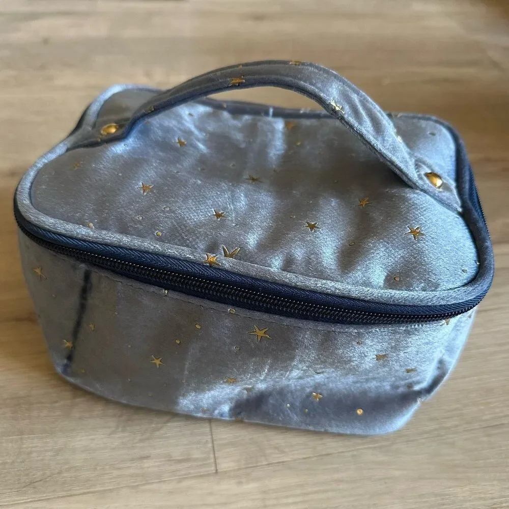 Smoky Blue Velour & Metallic Gold Stars Cosmetic Case Bag